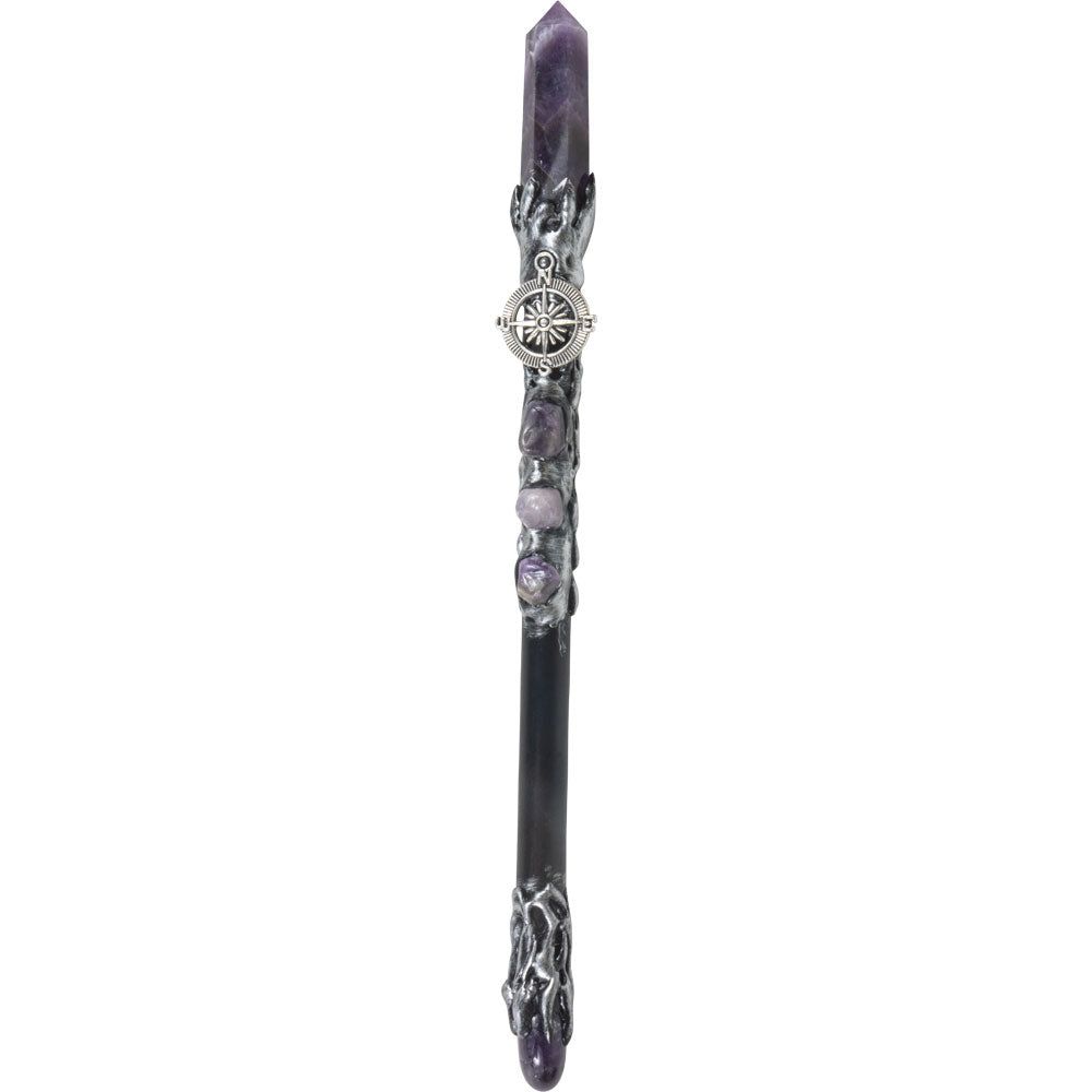 10&quot; Magick Wand - Amethyst Point with Silver Compass, SKU KH-69012, UPC 700317353003