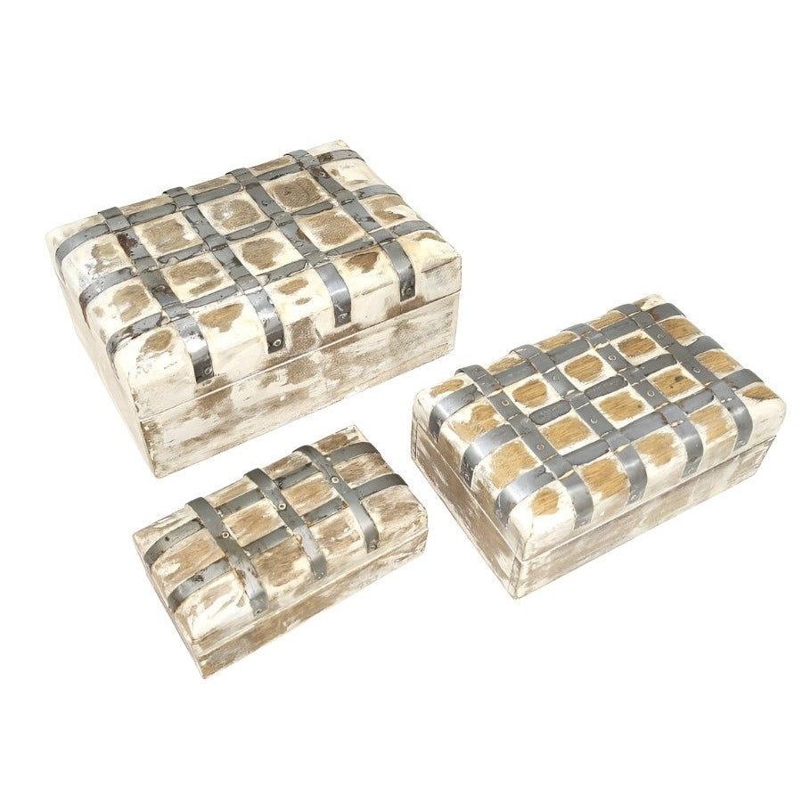 White Wash Rustic Wood &amp; Metal Box Set of 3 (8&quot;, 6.5&quot;, 5.5&quot; inch), SKU G05-WBX101, UPC 700317381907