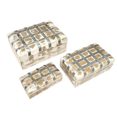 White Wash Rustic Wood &amp; Metal Box Set of 3 (8&quot;, 6.5&quot;, 5.5&quot; inch), SKU G05-WBX101, UPC 700317381907