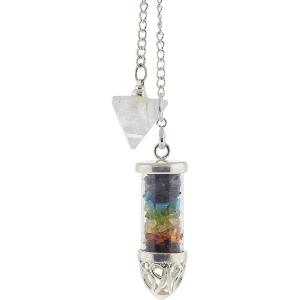 Glass Pendulum Tube - Chakra Chips &amp; Antique Silver Tip, SKU KH-61428, UPC 700317355502