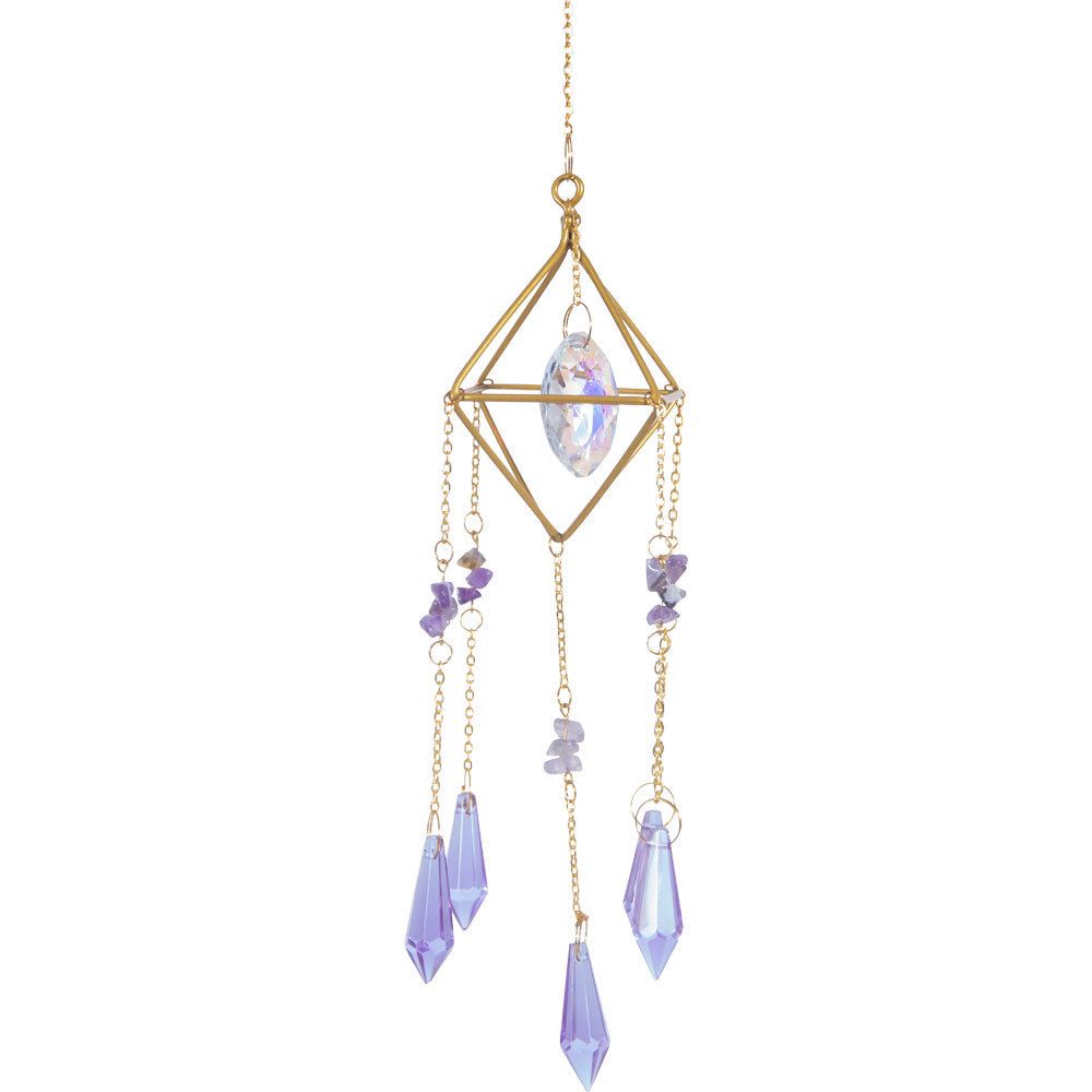 9&quot; Hanging AB Crystal Prism Suncatcher - Amethyst Chips &amp; Purple Crystals, SKU KH-63097, UPC 700317…