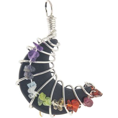 1.5&quot; Wire Wrapped Crescent Moon Pendant - Black Agate with Chakra Chips, SKU KH-99458, UPC 70031735…