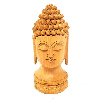 5&quot; Buddha Head Hand Carved Wood Statue, SKU KWS-03, UPC 700317303749