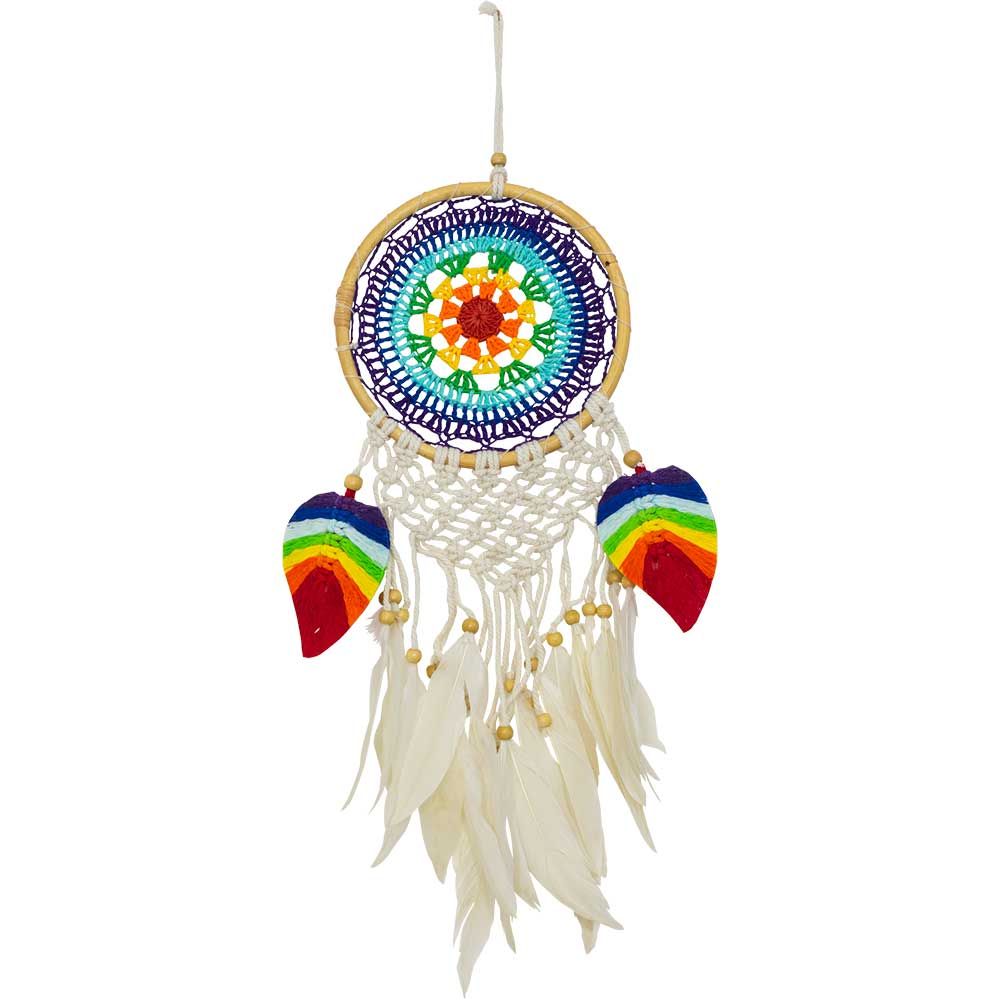 17.5&quot; Boho Woven Chakra Dream Catcher with Natural Macrame Leaves, SKU KH-30313, UPC 700317388791