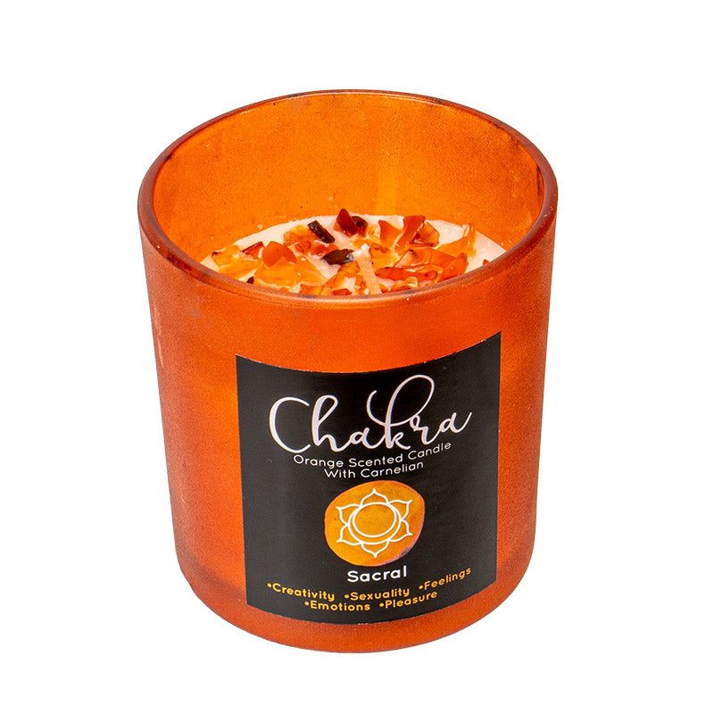 Sacral Chakra Orange Carnelian Crystal Candle, SKU PG-15442, UPC 700317355809