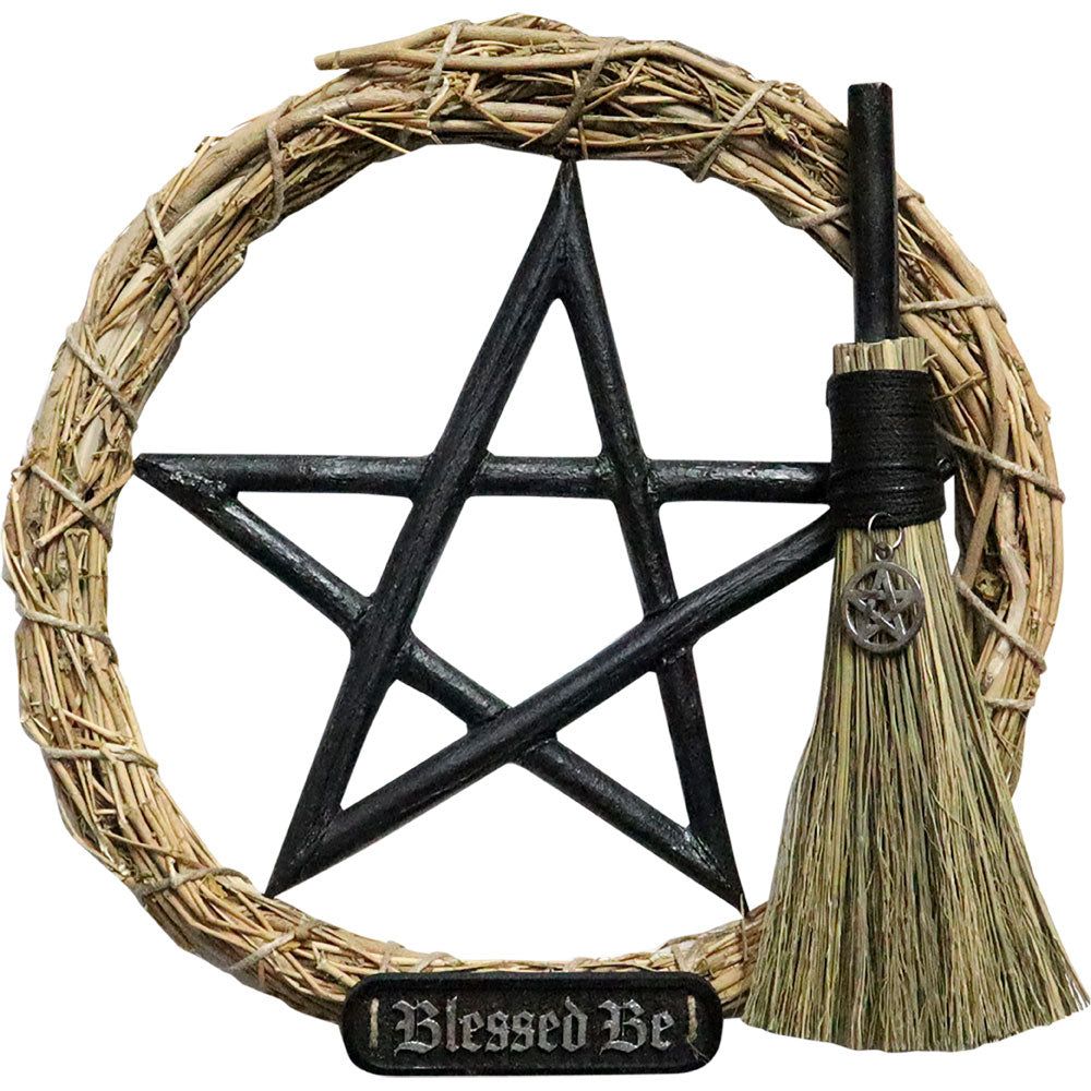 6&quot; Protection Wreath - Pentacle with Wicca Broom, SKU KH-30290, UPC 700317376101