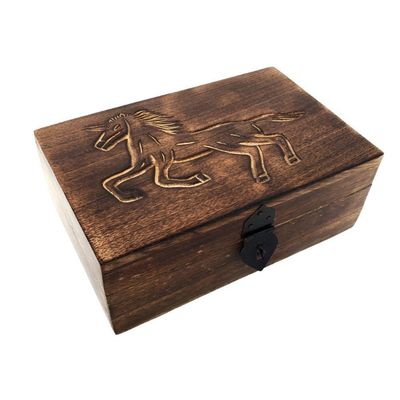5&quot; x 8&quot; Carved Wood Box - Unicorn, SKU E02-M58UN, UPC 700317383734