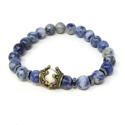 8 mm Elastic Bracelet - Sodalite with Hematite &amp; Crown, SKU T00-Bracelet-02, UPC 700317381266