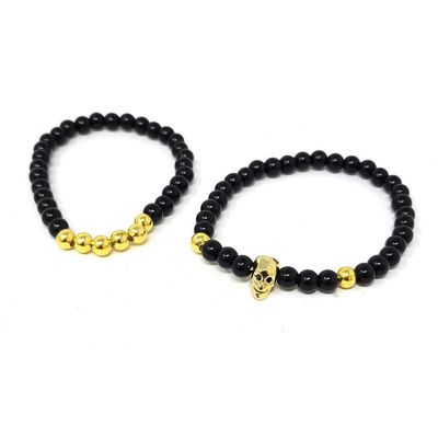 Elastic Bracelet Round Beads - Black &amp; Gold Skull (2 Piece Set), SKU T00-Bracelet-07, UPC 700317381…