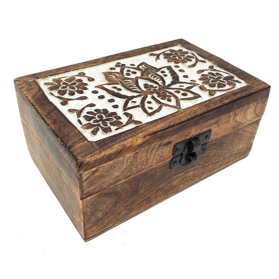 4&quot; x 6&quot; Carved Wood Box - Lotus, SKU M46LOT, UPC 700317301806