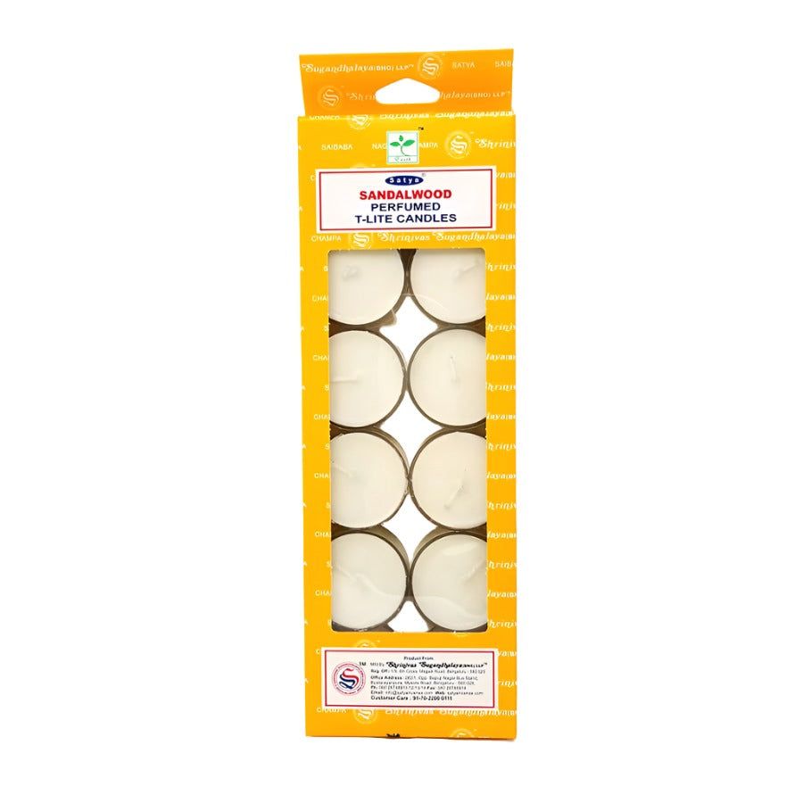 Satya Tealight Candles (12 in Box) - Sandalwood, SKU SDTL, UPC 700317302056