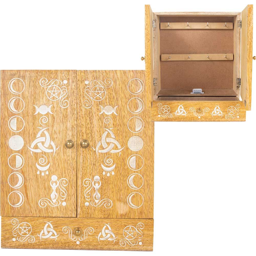 11.75&quot;  Laser Etched Wood Altar Cabinet - Pagan Moon Phases, SKU KH-44311, UPC 700317391647
