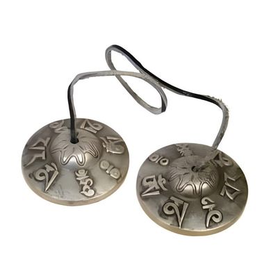 3&quot; Tibetan Tingshas / Cymbals - Om Mani Pame, SKU H03-48-96, UPC 700317385561