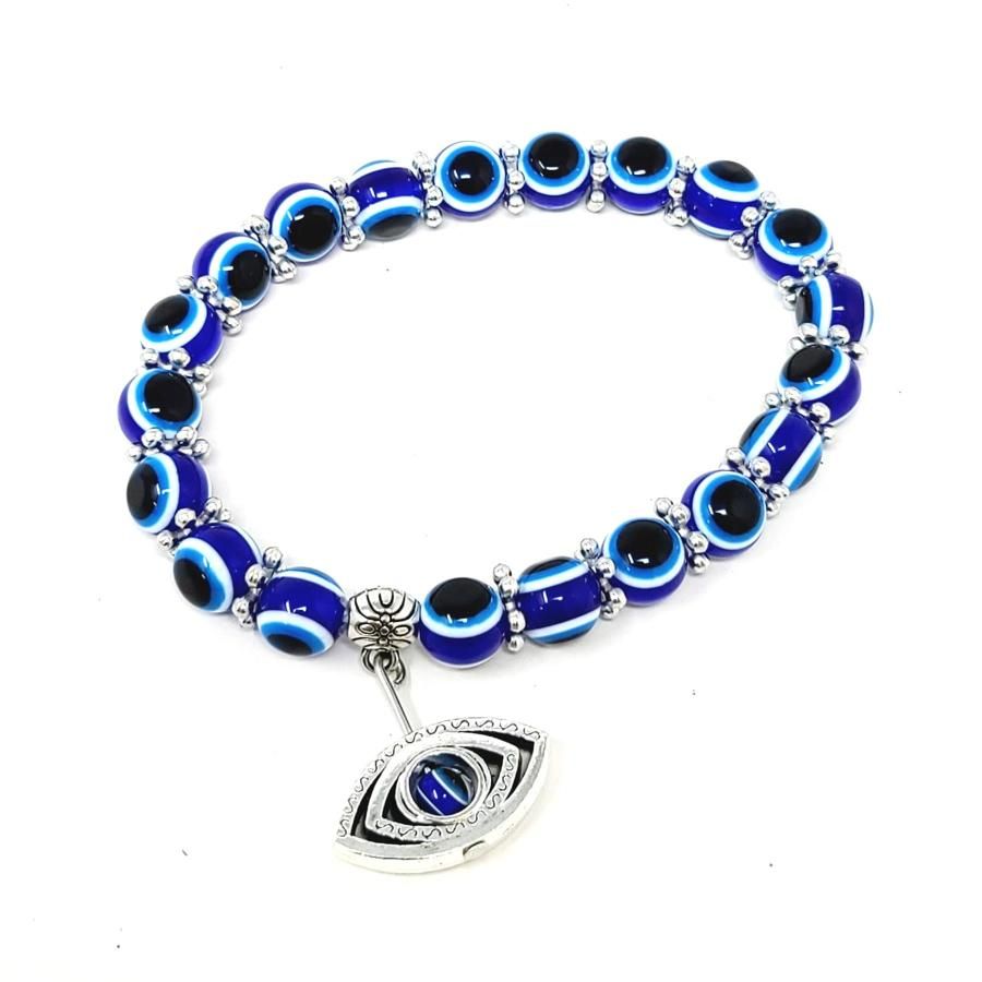 8 mm Elastic Bracelet Round Beads - Evil Eye with Eye Charm, SKU T00-Bracelet-13, UPC 700317381280