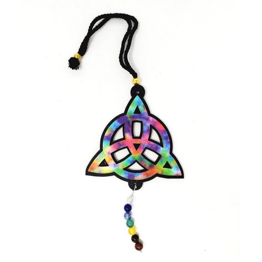 7&quot; Hanging Wooden Triquetra with Chakra Beads, SKU S08-66-WH-P, UPC 700317385714