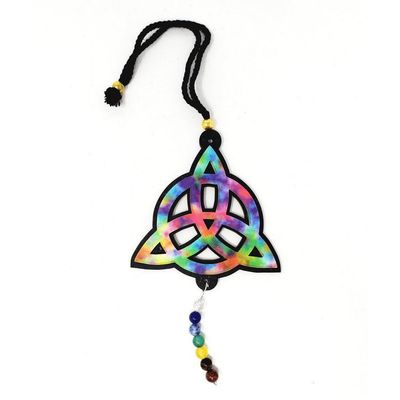 7&quot; Hanging Wooden Triquetra with Chakra Beads, SKU S08-66-WH-P, UPC 700317385714