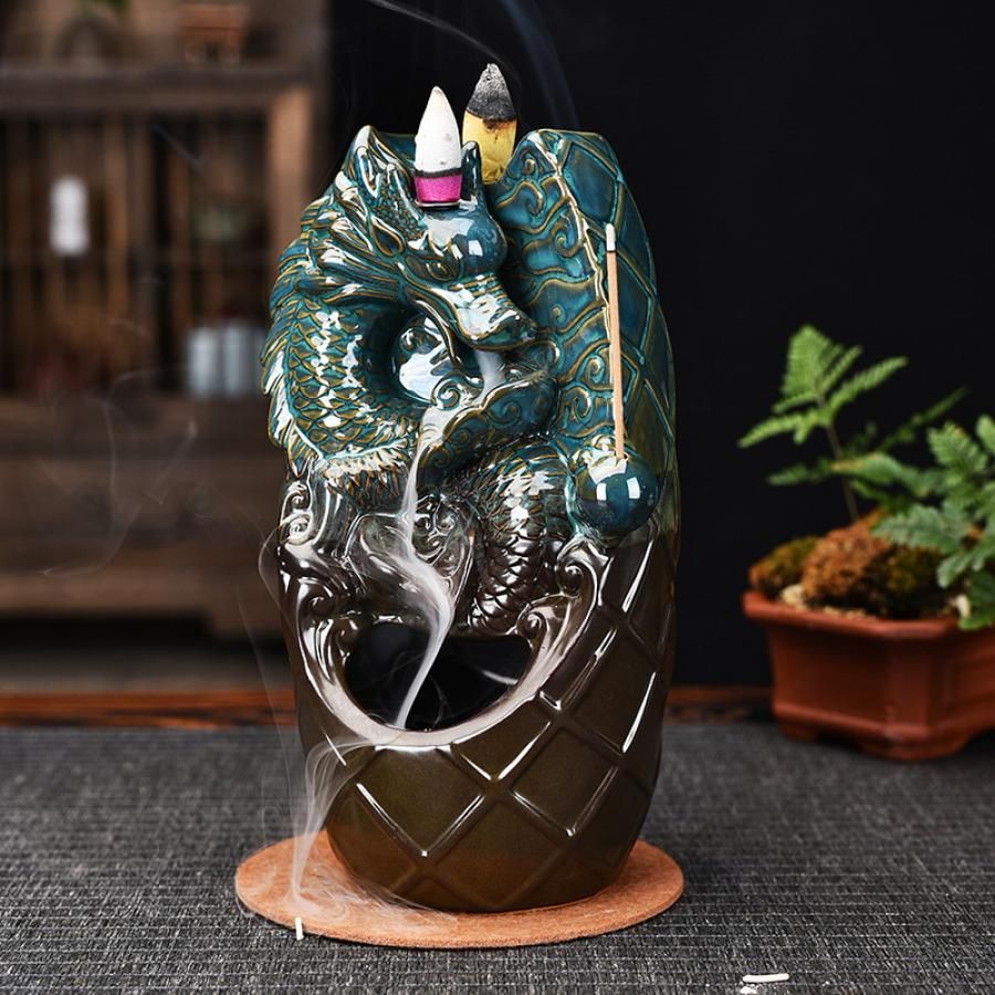 8&quot; Dragon &amp; Waterfall Dual Ceramic Backflow Cone Incense Burner, SKU B04-BFL-21, UPC 700317380719