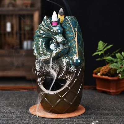 8&quot; Dragon &amp; Waterfall Dual Ceramic Backflow Cone Incense Burner, SKU B04-BFL-21, UPC 700317380719