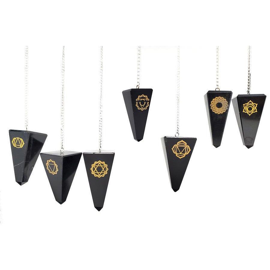 Black Agate Chakras Engraved Pendulum (Set of 7), SKU S04-PEND-104(7pack), UPC 700317395935