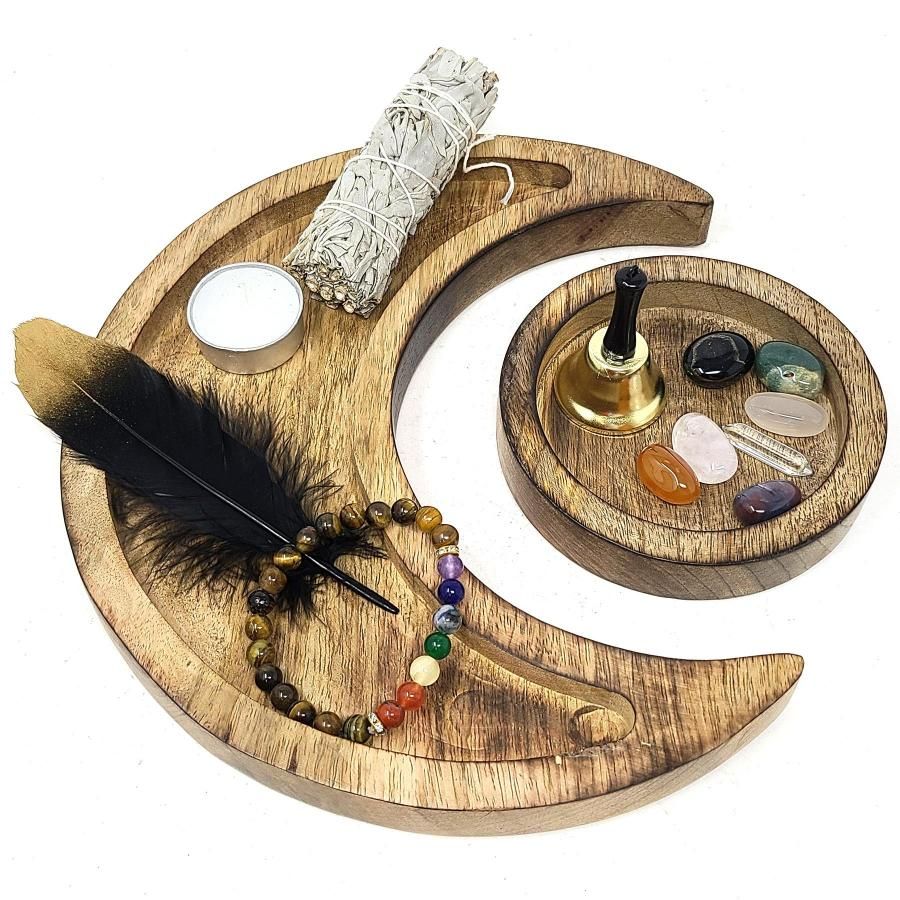 10&quot; Wooden Crescent with 5&quot; Moon Tray (Set of 2), SKU E02-TW-13, UPC 700317371632