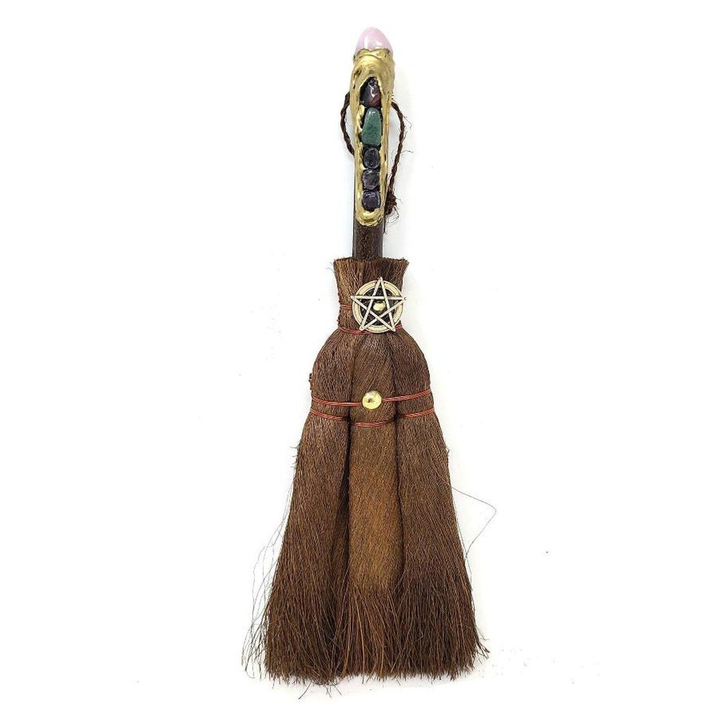 12&quot; Wicca Broom - Pentagram with Rose Quartz and Multi Gem, SKU T05-121-BRM-017, UPC 700317393351