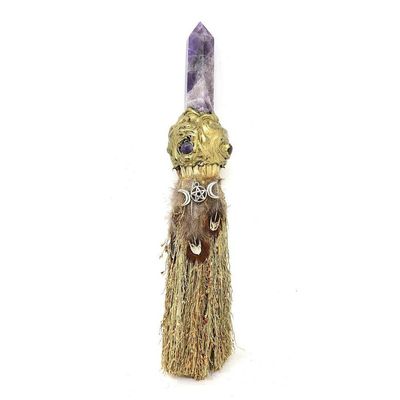 12&quot; Wicca Broom - Triple Moon Pentacle with Amethyst, SKU T05-123-BRM-019, UPC 700317393320