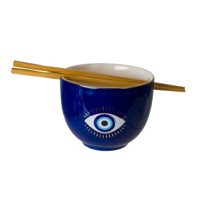 5&quot; Evil Eye Ceramic Bowl with Chopsticks (18 oz), SKU PG-15899, UPC 700317394716