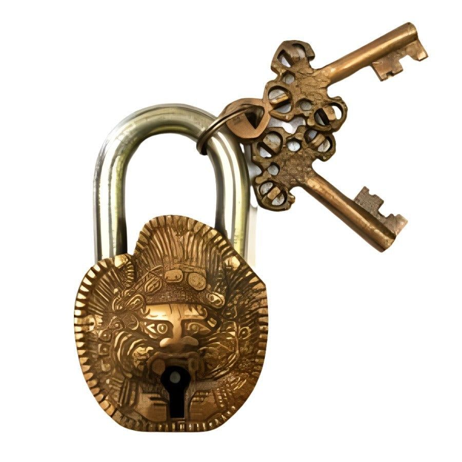 4&quot; Antique Buddha Brass Lock with Keys, SKU G06-044-LK4, UPC 700317384014