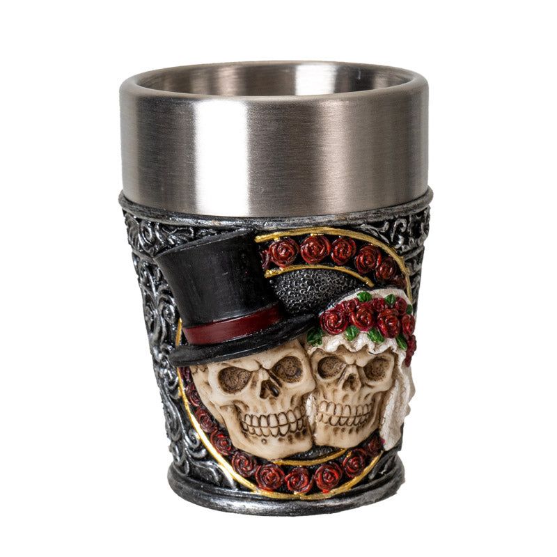 2.6&quot; Stainless Steel / Resin Shot Glass - Love Never Dies Skeletons, SKU PG-15975, UPC 700317393924