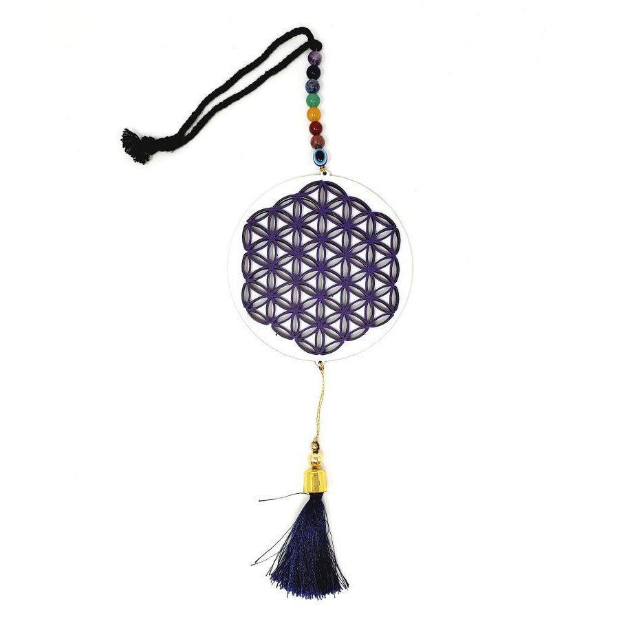 12&quot; Hanging Wooden Flower of Life with Chakra and Evil Eye, SKU S08-61-WH-K, UPC 700317385691