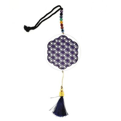 12&quot; Hanging Wooden Flower of Life with Chakra and Evil Eye, SKU S08-61-WH-K, UPC 700317385691