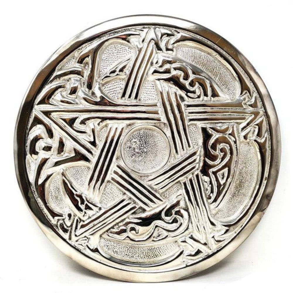 9&quot; Woodland Pentagram Silver Plated Solid Brass Altar Tile, SKU 546F, UPC 700317307396