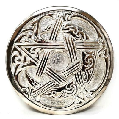 9&quot; Woodland Pentagram Silver Plated Solid Brass Altar Tile, SKU 546F, UPC 700317307396