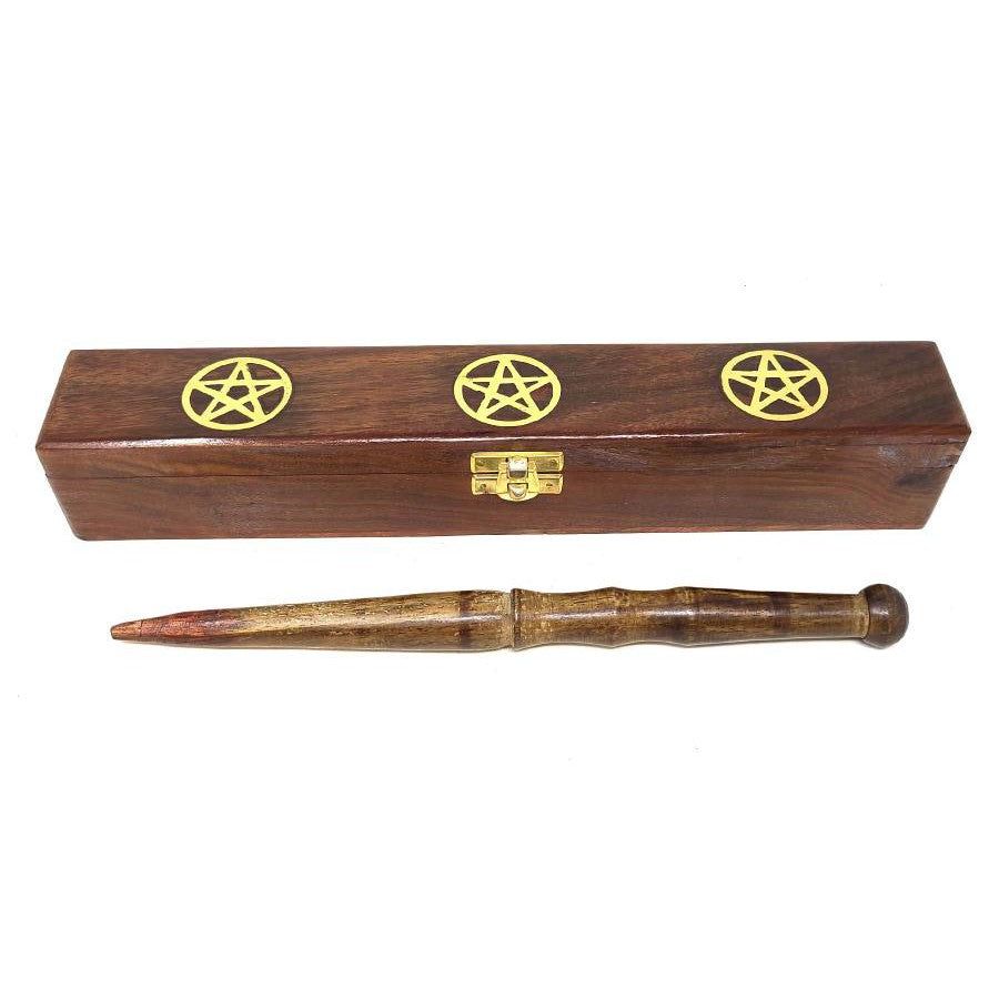 10&quot; Wooden Magic Wand with Pentagram Wood Box, SKU B00-112P, UPC 700317381709