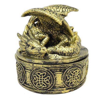 5&quot; Resting Dragon Antique Golden Polish Poly Resin Box, SKU J06-CCRB-02, UPC 700317313731