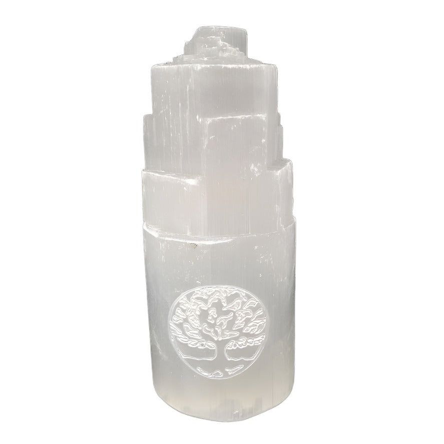 4&quot; Selenite Iceberg with Carved Tree of Life, SKU SELTW-10-TOL, UPC 700317303909