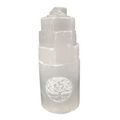 4&quot; Selenite Iceberg with Carved Tree of Life, SKU SELTW-10-TOL, UPC 700317303909