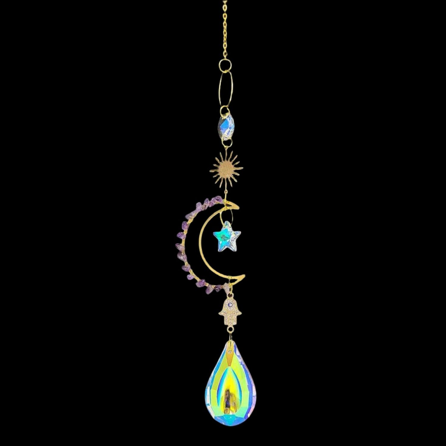 15&quot; Sun Catcher - Gemstone Moon with Hamsa Hand, SKU T05-101-SCWH-08, UPC 700317381976