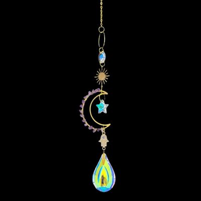 15&quot; Sun Catcher - Gemstone Moon with Hamsa Hand, SKU T05-101-SCWH-08, UPC 700317381976