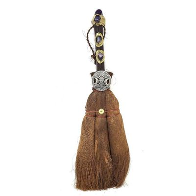 12&quot; Wicca Broom - Triple Moon Pentagram with Amethyst, SKU T05-122-BRM-018, UPC 700317393368