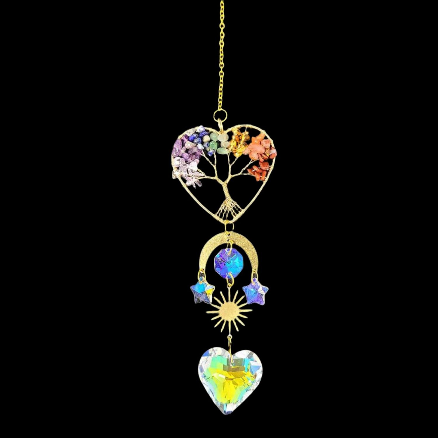 13&quot; Sun Catcher - Chakra Gemstone with Heart Tree of Life, SKU T05-94-SCWH-01, UPC 700317382041