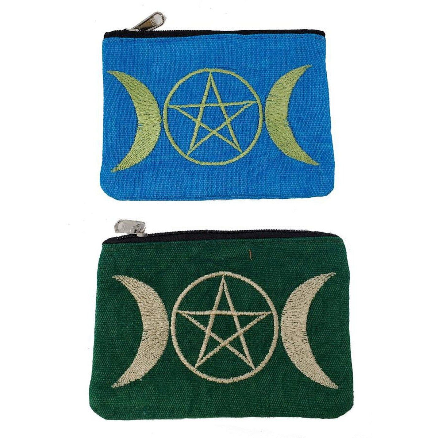 6&quot; x 4&quot; Triple Moon Pentagram Embroidered Cotton Zipper Bag, SKU V01-28-CP03-1, UPC 700317380559