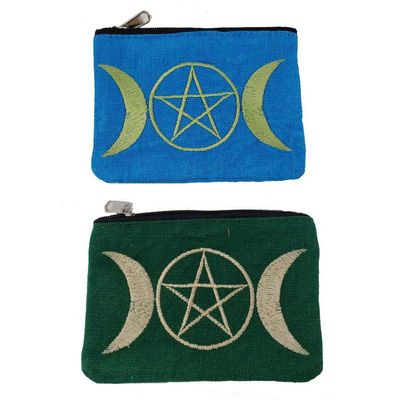 6&quot; x 4&quot; Triple Moon Pentagram Embroidered Cotton Zipper Bag, SKU V01-28-CP03-1, UPC 700317380559