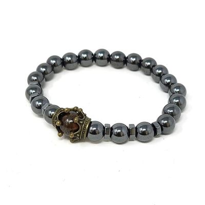 8 mm Elastic Bracelet - Hematite with Tiger&#39;s Eye &amp; Crown, SKU T00-Bracelet-03, UPC 700317381259