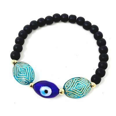 Elastic Bracelet Round Beads - Black &amp; Gold with Evil Eye Bead, SKU T00-Bracelet-11, UPC 7003173813…
