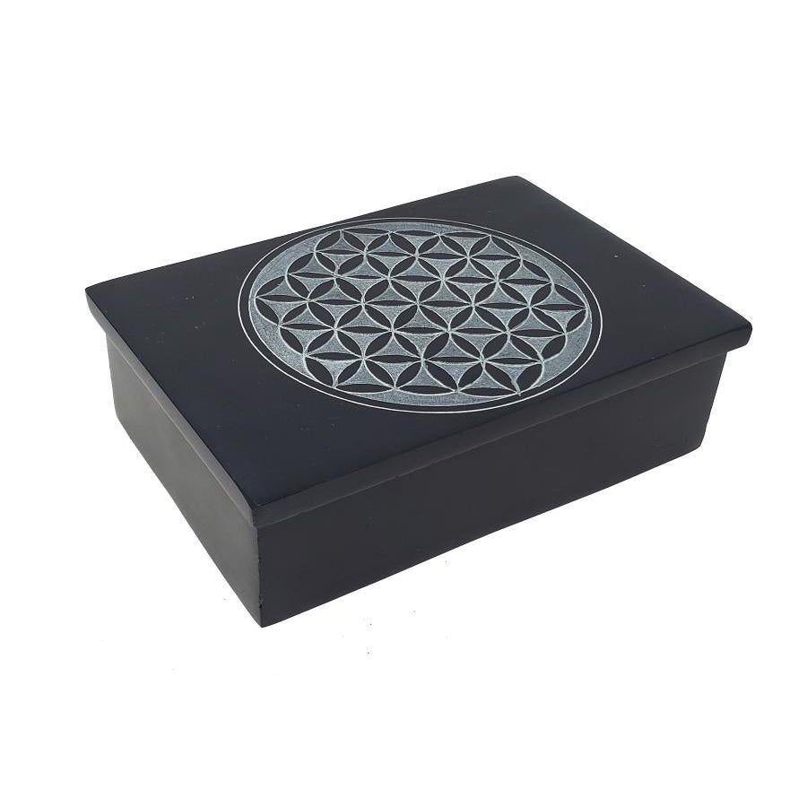4&quot; x 6&quot; Flower of Life Carved Black Soapstone Box, SKU F06-046-76, UPC 700317301745