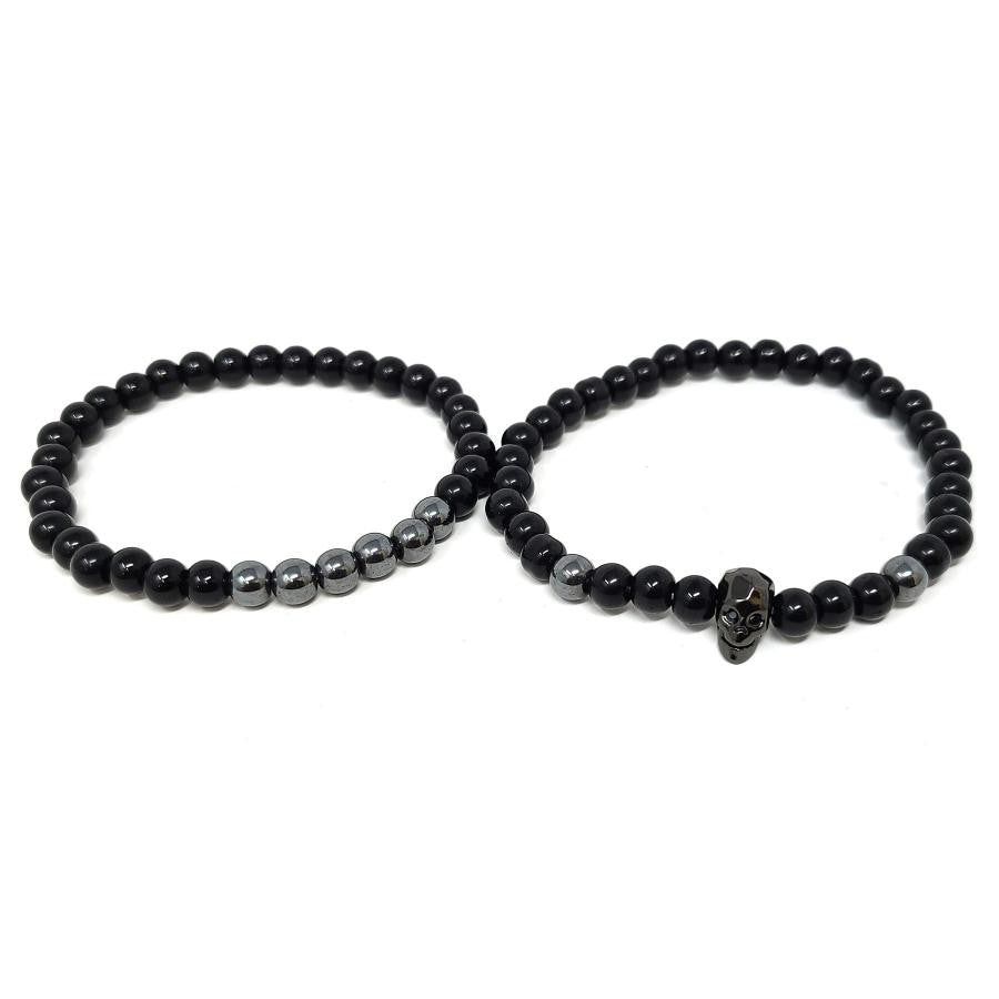 Elastic Bracelet Round Beads - Black &amp; Silver Skull (2 Piece Set), SKU T00-Bracelet-06, UPC 7003173…