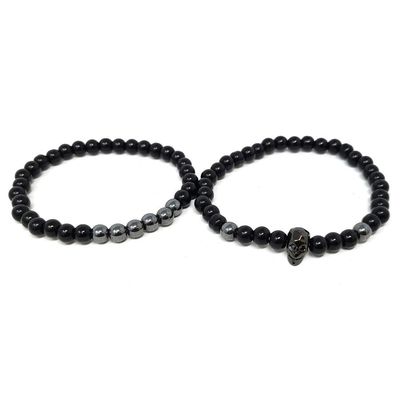 Elastic Bracelet Round Beads - Black &amp; Silver Skull (2 Piece Set), SKU T00-Bracelet-06, UPC 7003173…