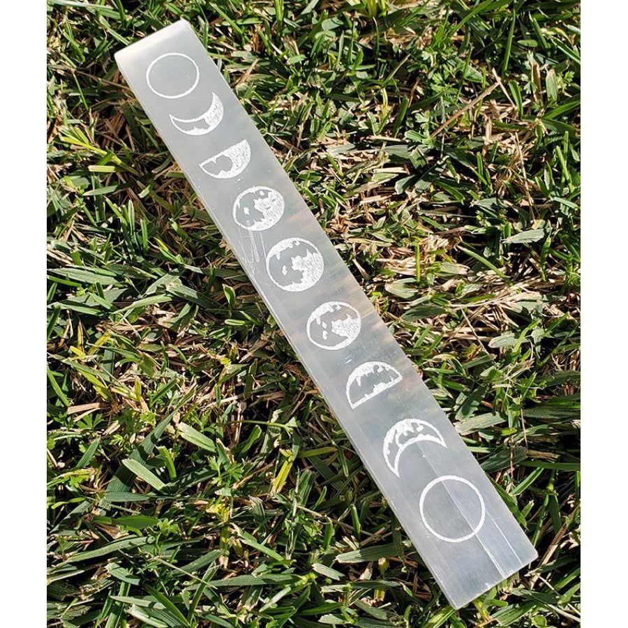 7&quot; Moon Phase Selenite Flat Wand, SKU WAND-MOON, UPC 700317305538
