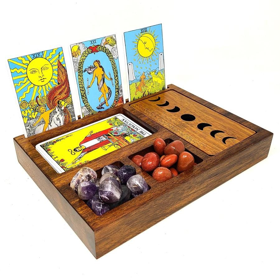 9.5&quot; Wooden Tarot Card Holder with Moon Phase Lid Design Storage, SKU TW-12, UPC 700317311195